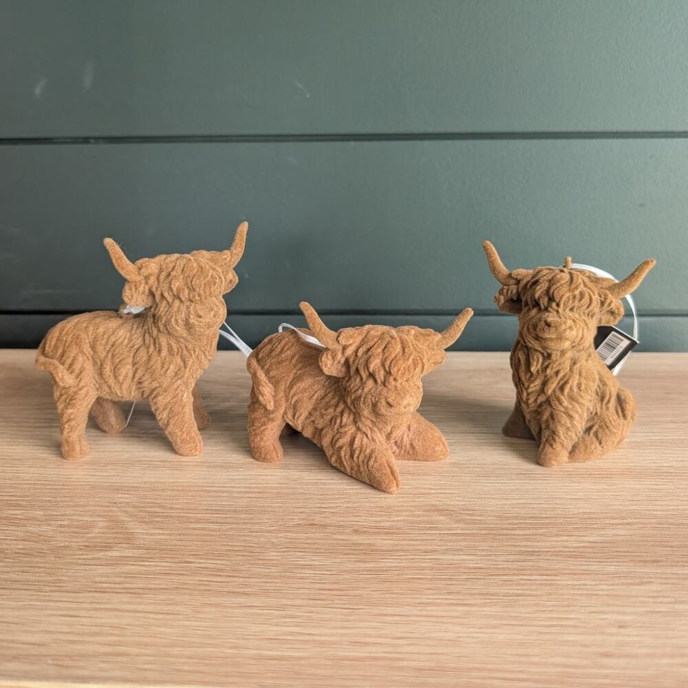 NEW Hobby Lobby Robert Stanley Flocked Highland Cow Ornament Set of 3